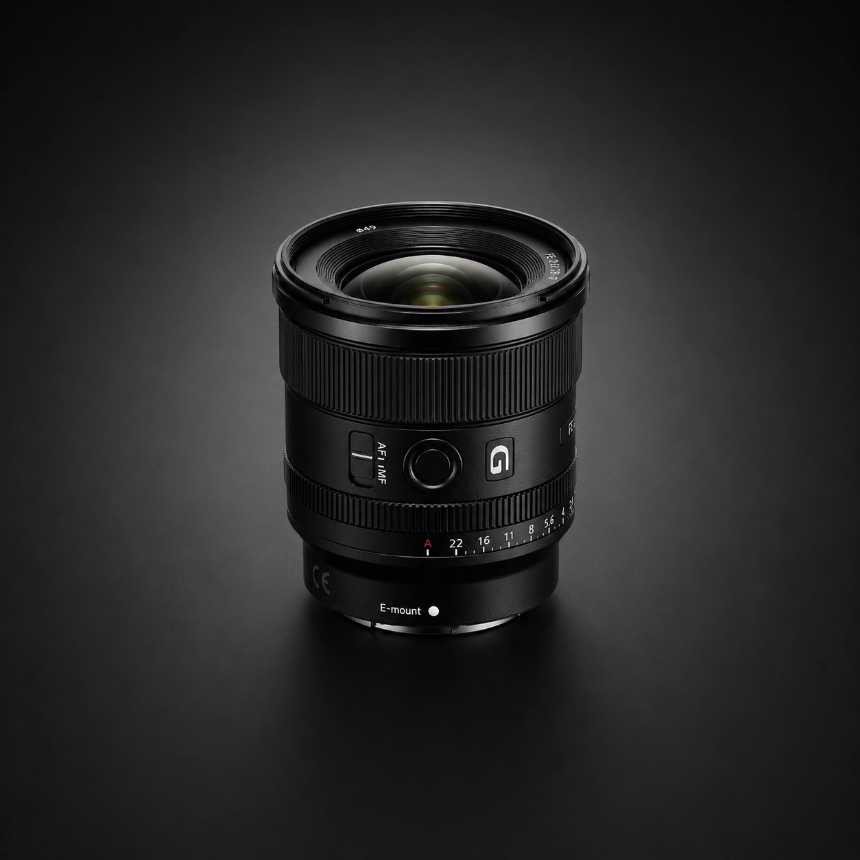 Sony FE 20mm f1.8 G lens on a black background