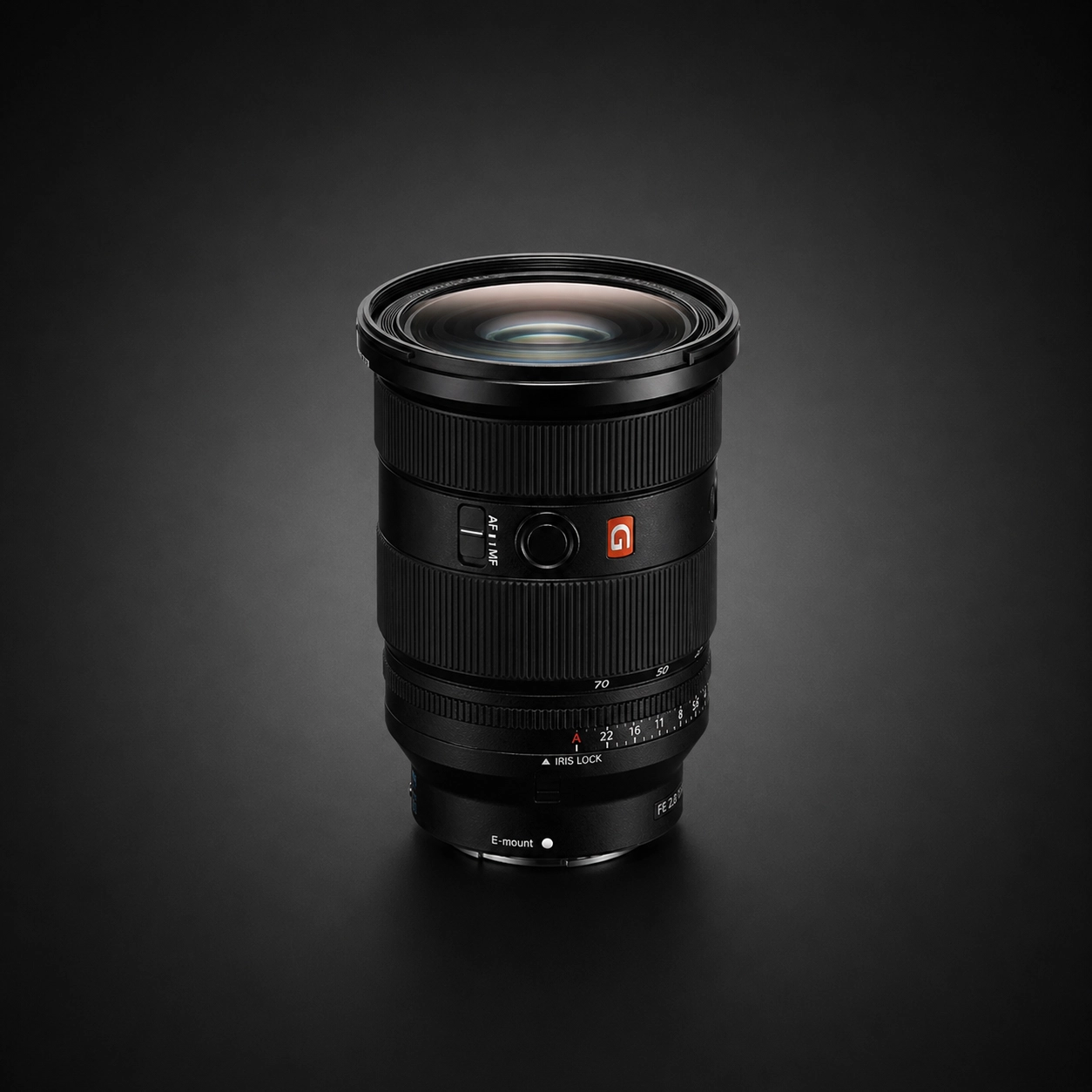 Sony FE 24-70mm f2.8 G Master II lens on a black background.