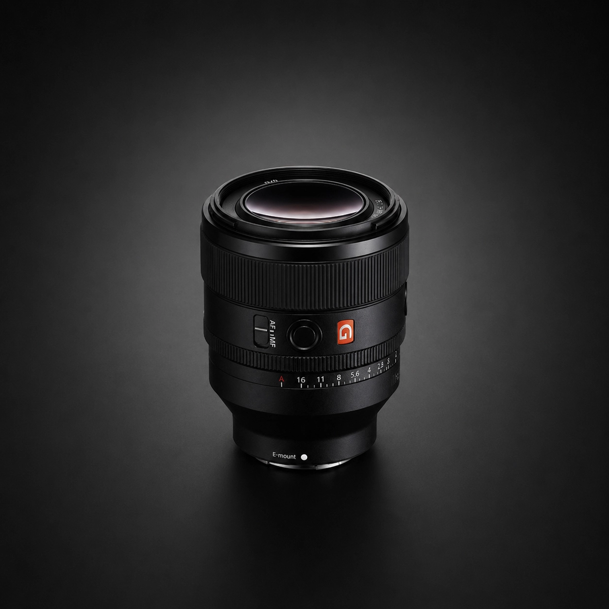 Sony FE 50mm f1.2 G Master lens on a black background.