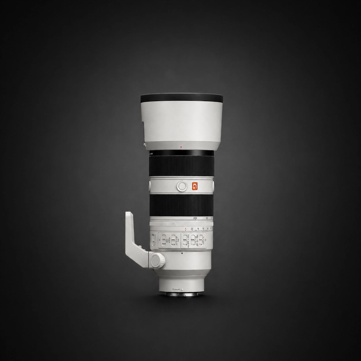 Sony FE 70-200mm f2.8 G Master II OSS lens on a black background.