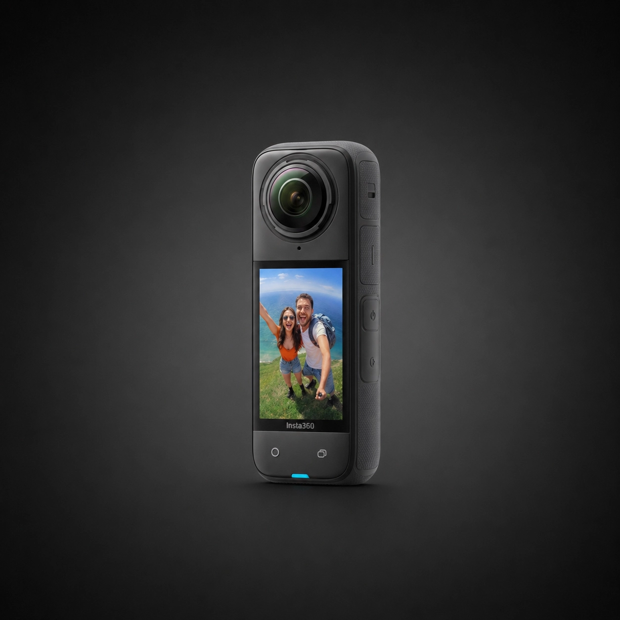 Insta360 X4 action camera on a black background