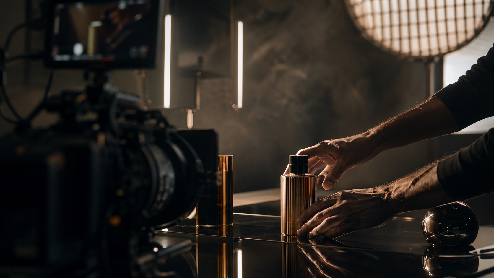 Dark studio scene with camera, hands and a focused strip of light