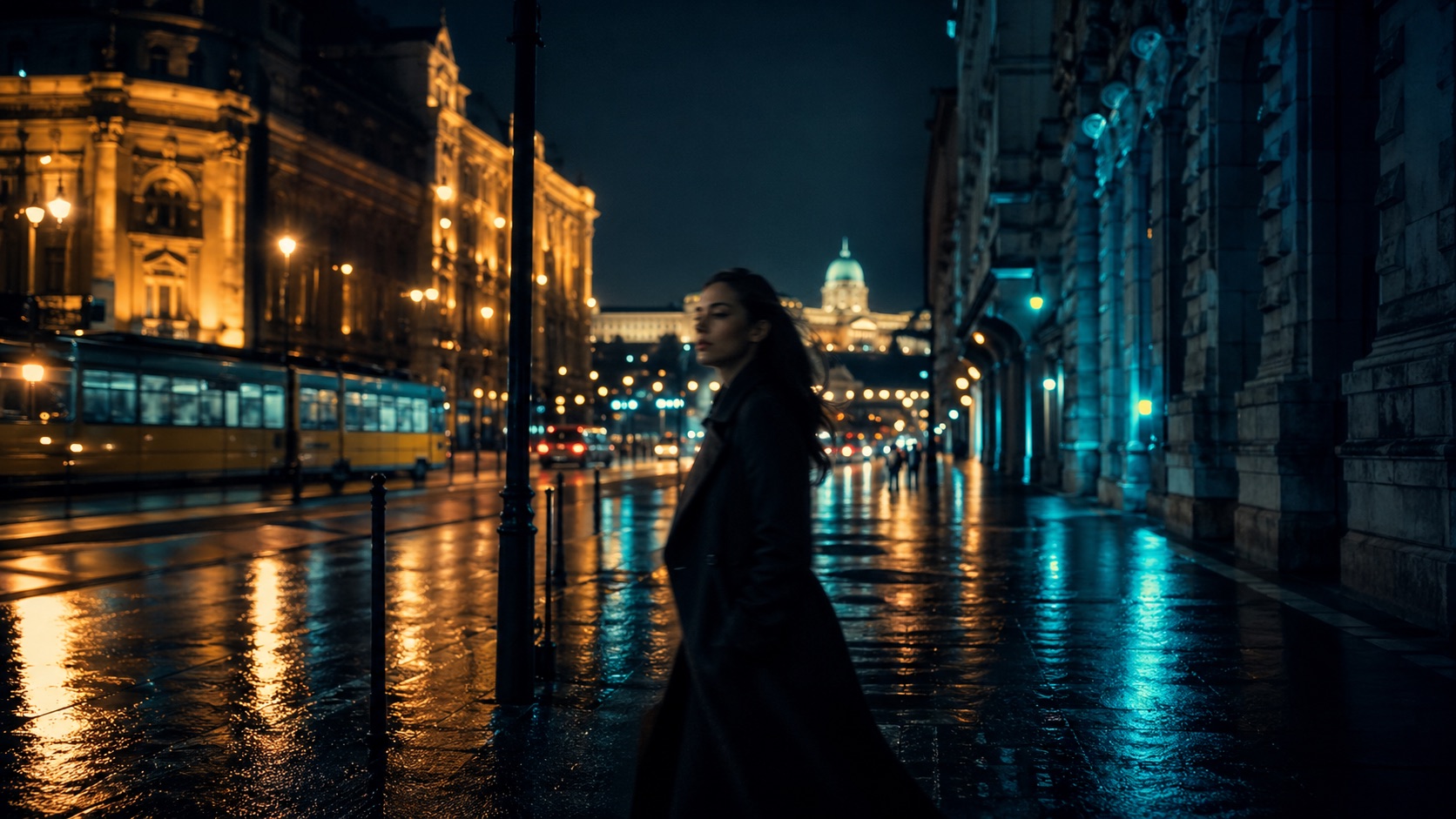 Cinematic street portrait scene with neon reflections on wet pavement