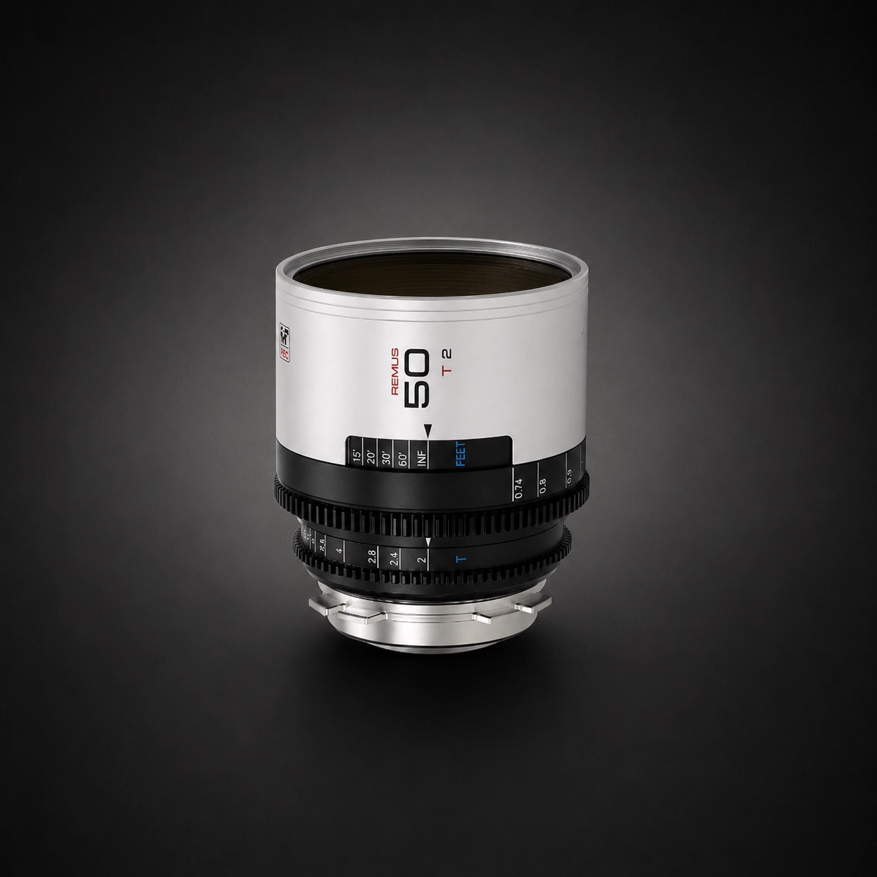 Blazar Remus 50mm T2.0 cinema lens on a black background.