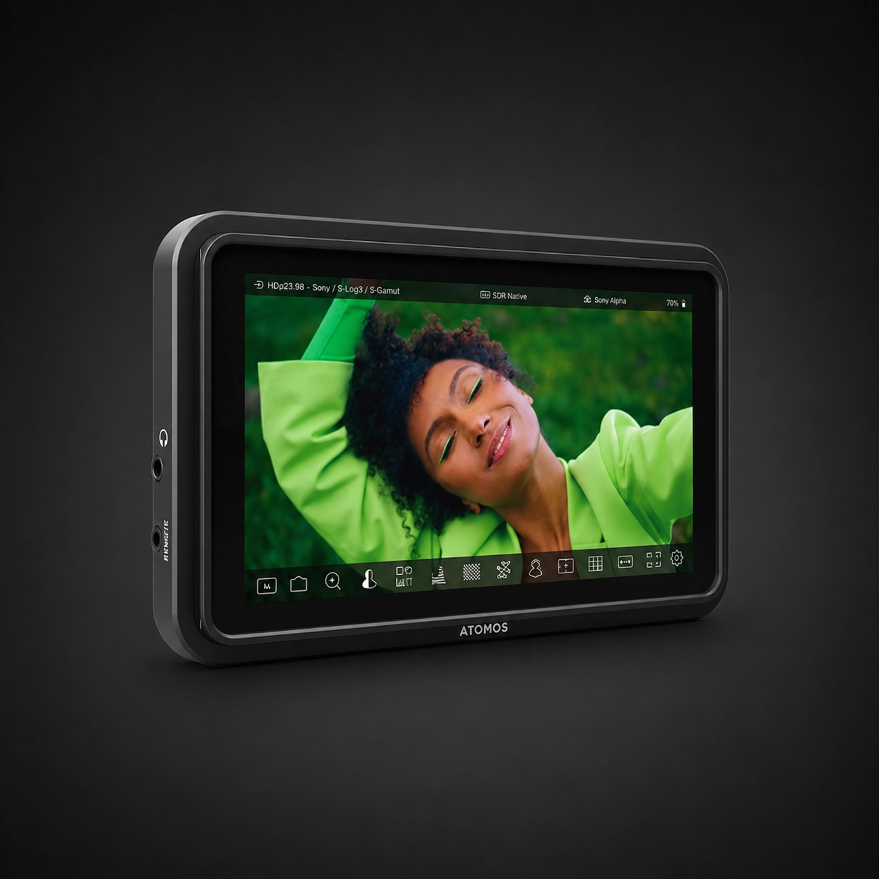 Atomos Shinobi II monitor on a black background